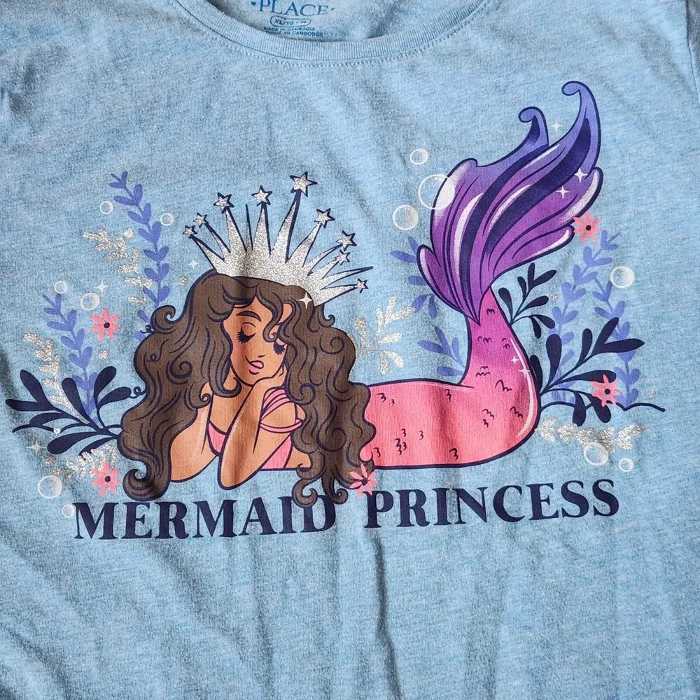The Children's Place Mermaid Princess Graphic Tee Girls XL 14 Blue Glitter Shirt